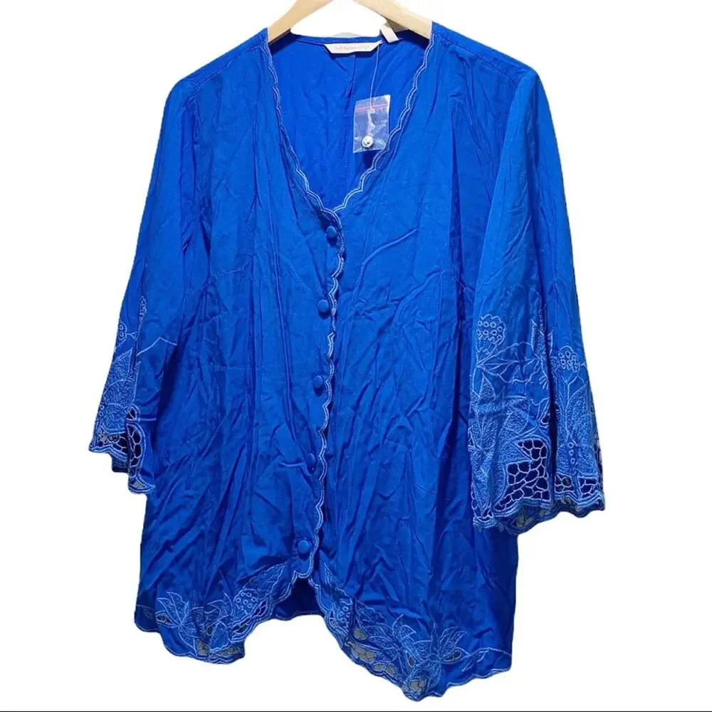 Soft Surroundings Blue Embroidered Floral Button Front Blouse Top Medium